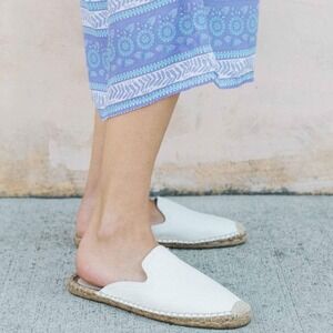 Soludos Leather Espadrille Mule Flat Slides Shoes White 8